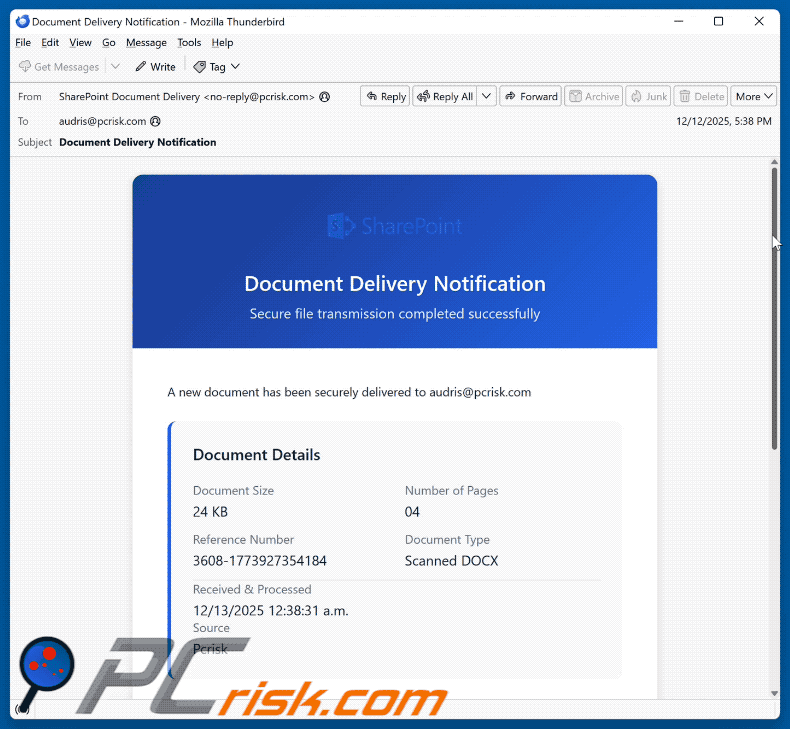 SharePoint Document Delivery Notification apariencia de correo electrónico fraudulento (GIF)