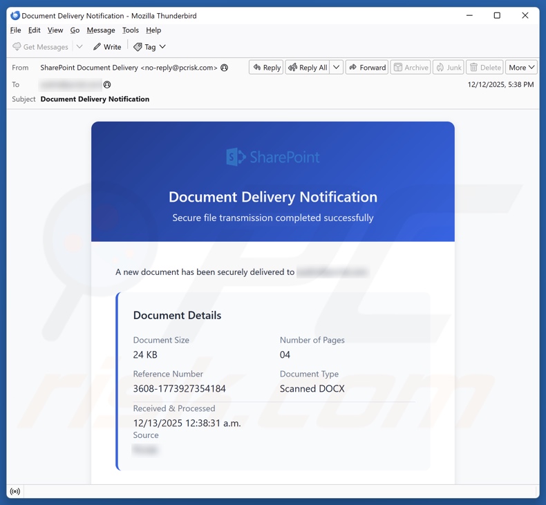 SharePoint Document Delivery Notification campaña de correo electrónico no deseado