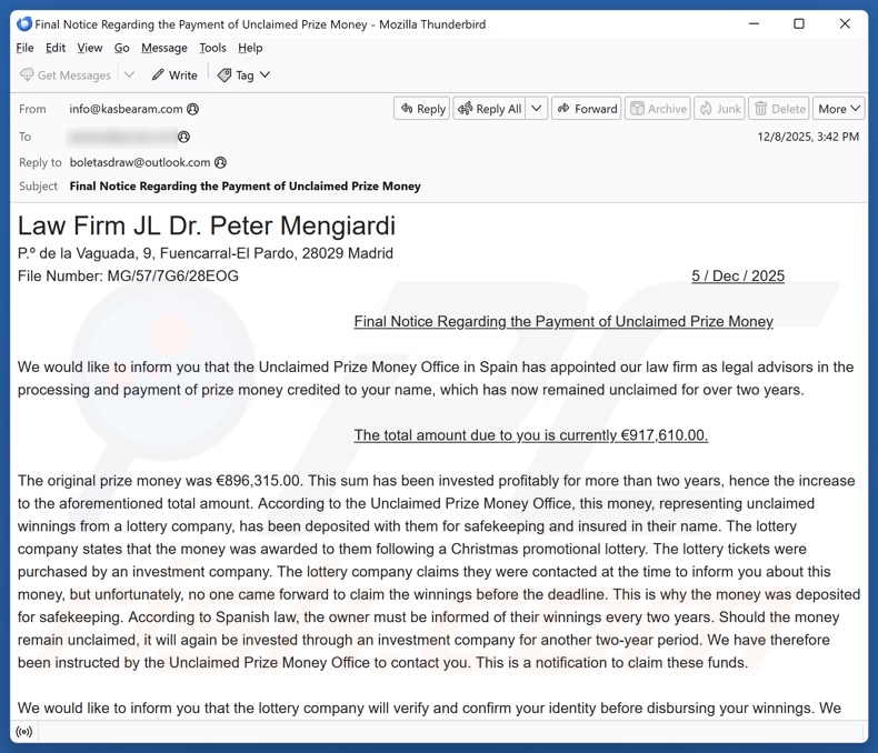 Unclaimed Prize Money campaña de correo electrónico no deseado