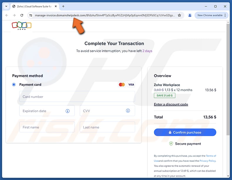 Zoho - Update Your Payment Method Sitio web fraudulento de phishing por correo electrónico