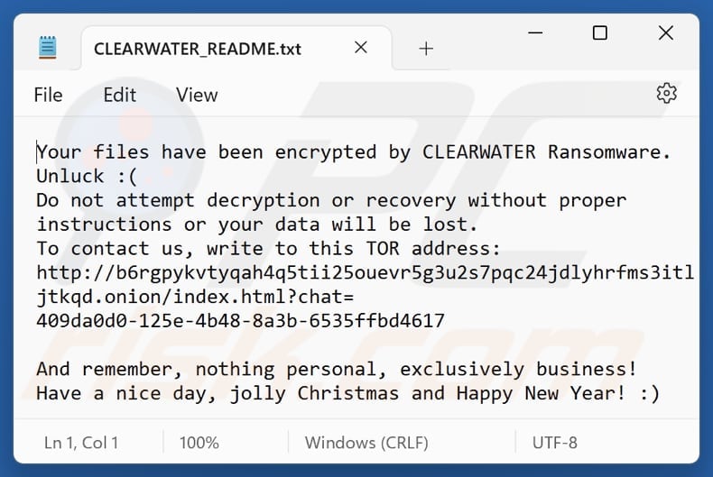 Archivo de texto del ransomware ClearWater (CLEARWATER_README.txt)