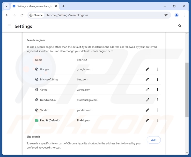 Eliminando find-it.pro del motor de búsqueda predeterminado de Google Chrome