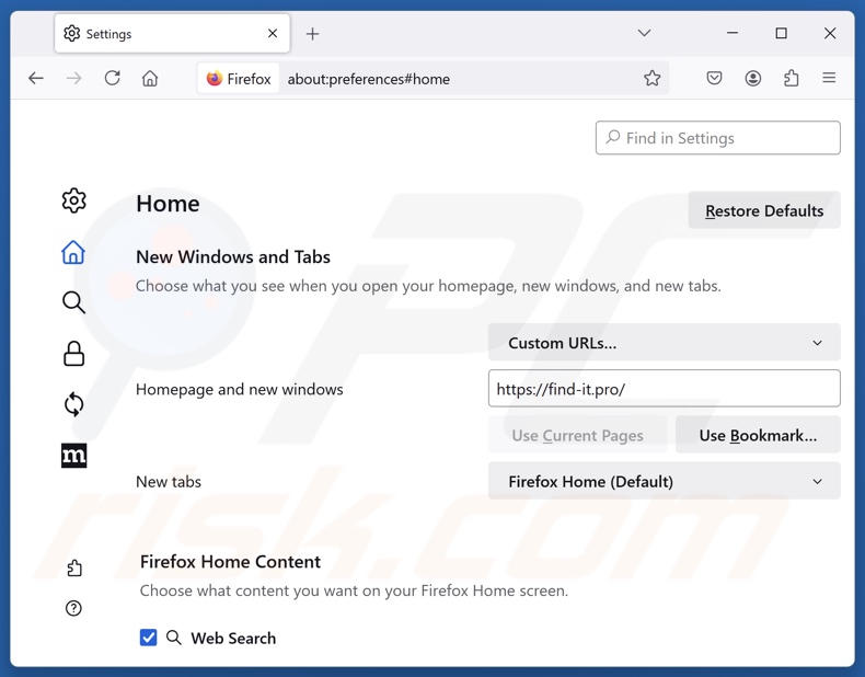 Eliminando find-it.pro de la página de inicio de Mozilla Firefox