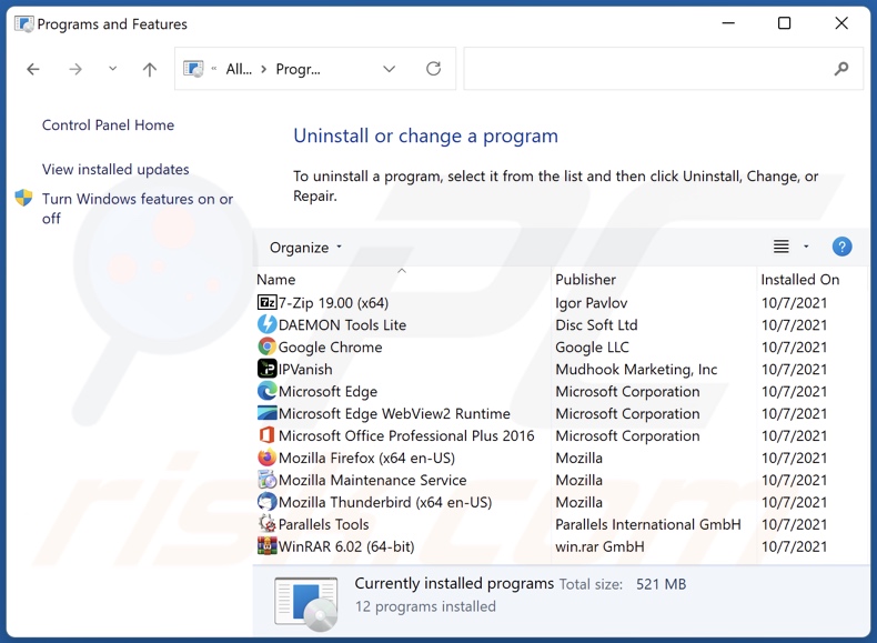 Desinstalación de la aplicación secuestradora de navegador a través del Panel de control