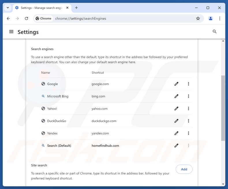 Eliminar homefindhub.com del motor de búsqueda predeterminado de Google Chrome
