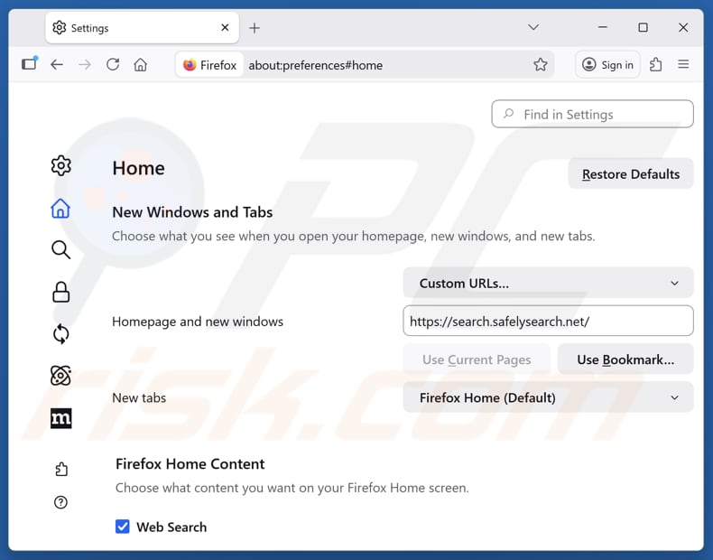 Eliminar search.safelysearch.net de la página de inicio de Mozilla Firefox
