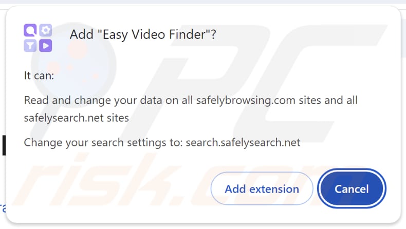El secuestrador del navegador Easy Video Finder solicita permisos