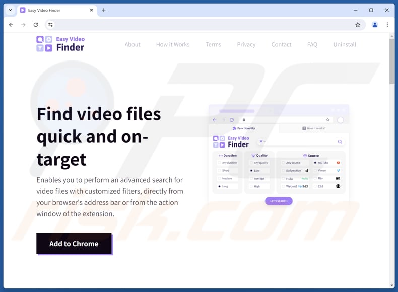 Sitio web utilizado para promocionar el secuestrador del navegador Easy Video Finder