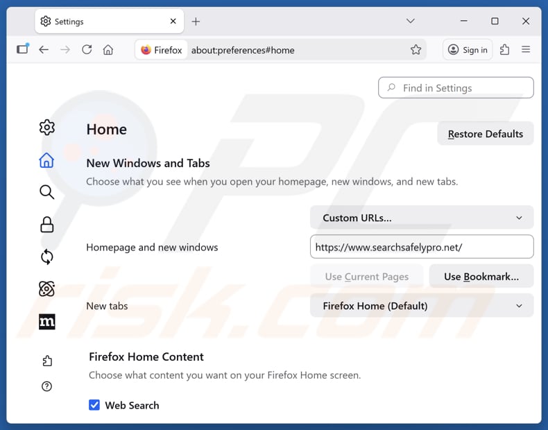 Eliminar searchsafelypro.net de la página de inicio de Mozilla Firefox