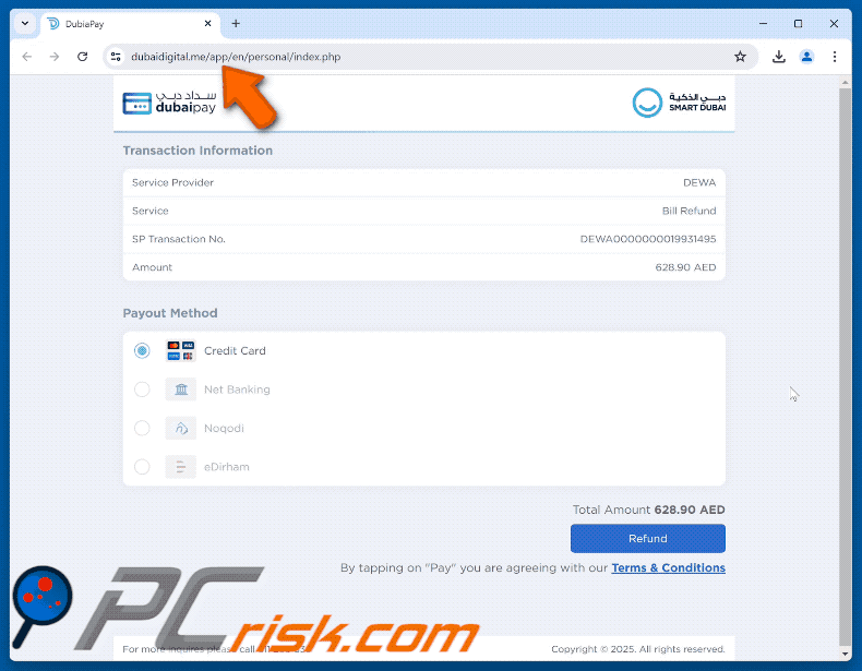 Dubai Pay: apariencia del correo electrónico fraudulento para solicitar un reembolso