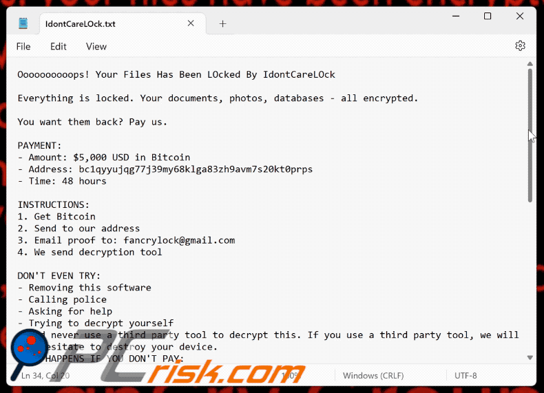 IdontCareLOck Ransomware nota de rescate (IdontCareLOck.txt)