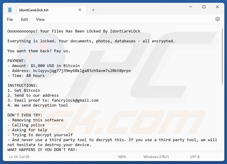 Archivo de texto del ransomware IdontCareLOck (IdontCareLOck.txt)