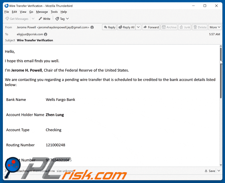 Wells Fargo - Pending Wire Transfer Apariencia del correo electrónico fraudulento