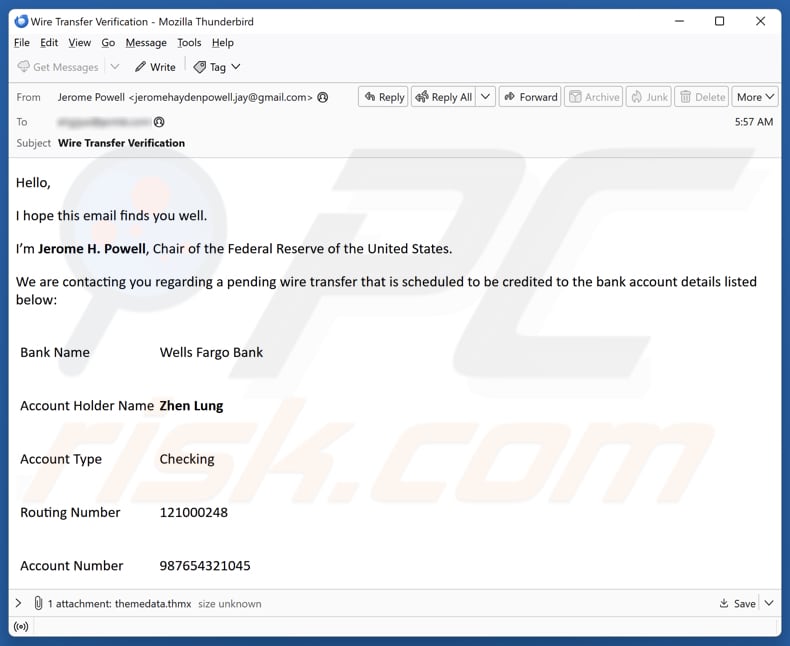 Wells Fargo - Pending Wire Transfer campaña de correo electrónico no deseado