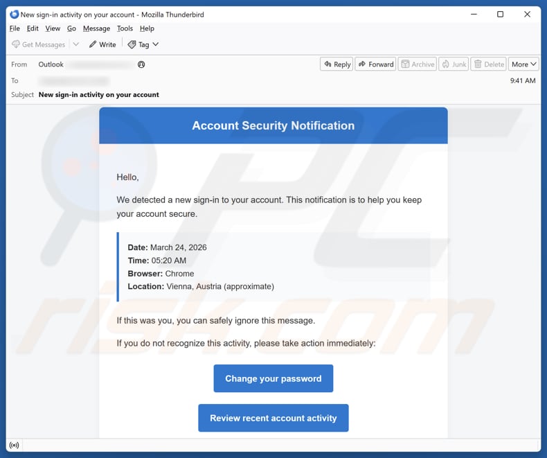 Account Security Notification campaña de correo basura