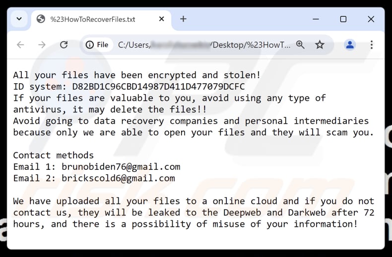 Bricks ransomware archivo de texto (HowToRecoverFiles.txt)