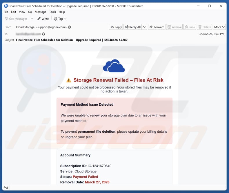 Cloud Storage Renewal Failed campaña de correo basura
