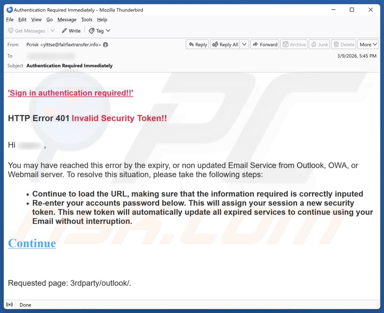 HTTP Error 401 Invalid Security Token campaña de correo basura