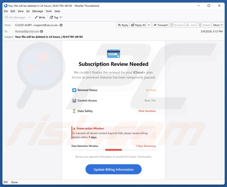 iCloud Subscription Review Needed campaña de correo basura
