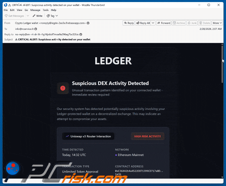 Ledger - Suspicious DEX Activity Detected Aspecto de un correo electrónico fraudulento