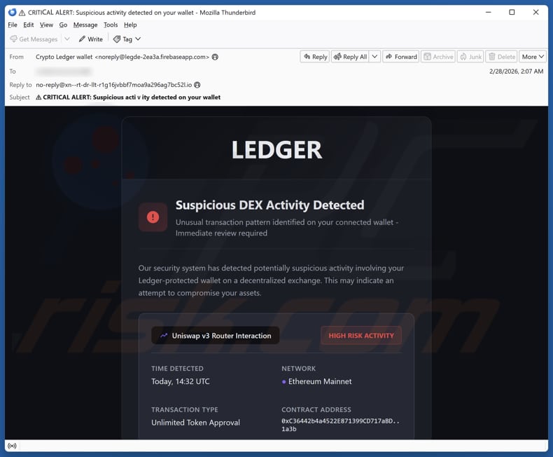 Ledger - Suspicious DEX Activity Detected campaña de correo basura