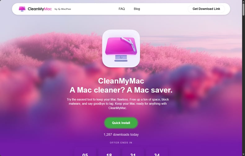 Sitio web falso de CleanMyMac, «SHub Stealer», cleanmymacos.org (fuente: malwarebytes.com)