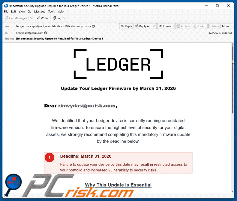 Update Your Ledger Firmware Aspecto de un correo electrónico fraudulento