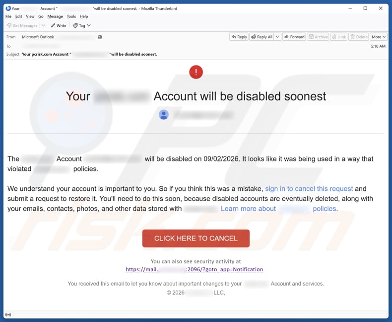 Your Account Will Be Disabled campaña de correo basura