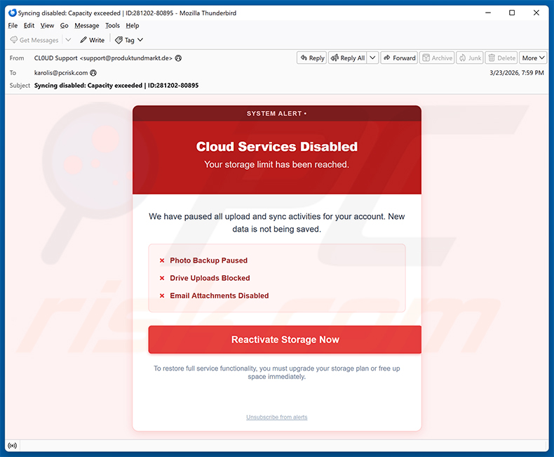 Your Cloud Is Disabled email estafa (2026-03-24)