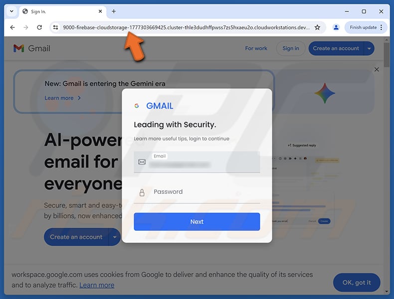Página falsa de la estafa por correo electrónico Cloud Services - Payment Declined