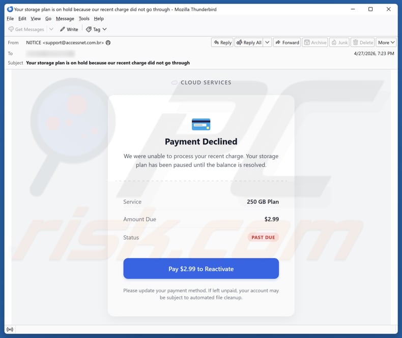 Campaña de spam por correo electrónico Cloud Services - Payment Declined