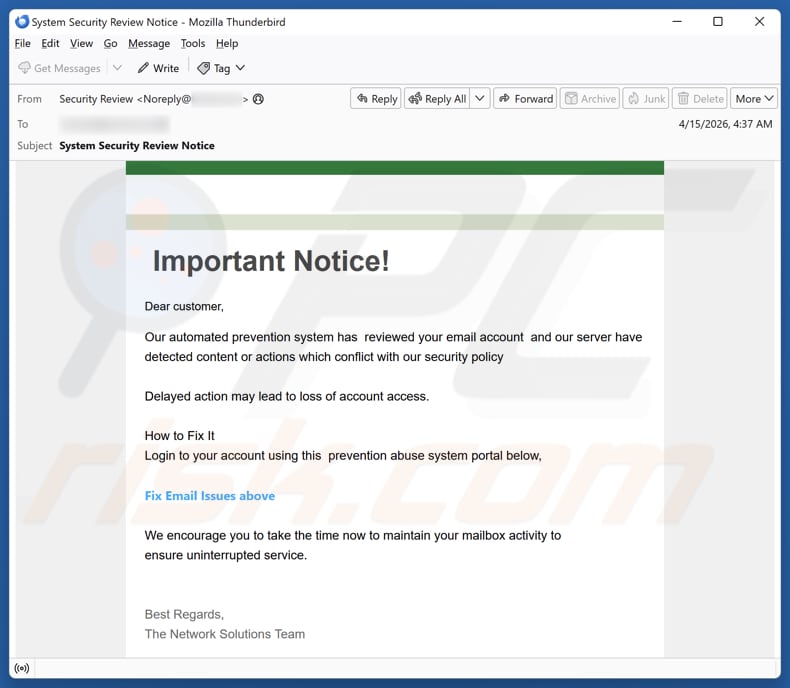 Campaña de spam por correo electrónico Content Or Actions Conflict With Our Security Policy