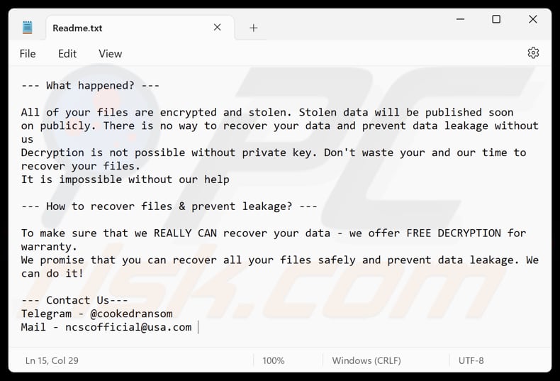 Archivo de texto del ransomware Cooked (Readme.txt)