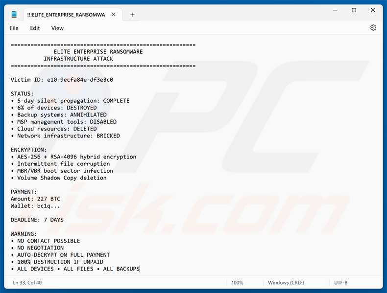 Nota de rescate de texto del ransomware Elite Enterprise (!!!ELITE_ENTERPRISE_RANSOMWARE!!!.txt)