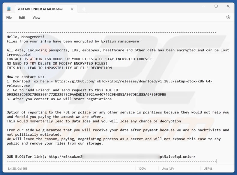 Exitium ransomware archivo de la nota de rescate (YOU ARE UNDER ATTACK!.html)