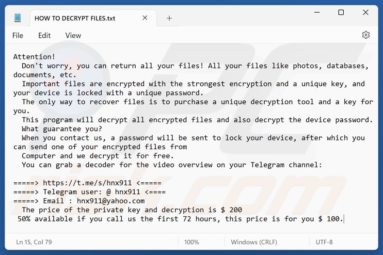 Archivo de texto del ransomware Hnx911 (HOW TO DECRYPT FILES.txt)