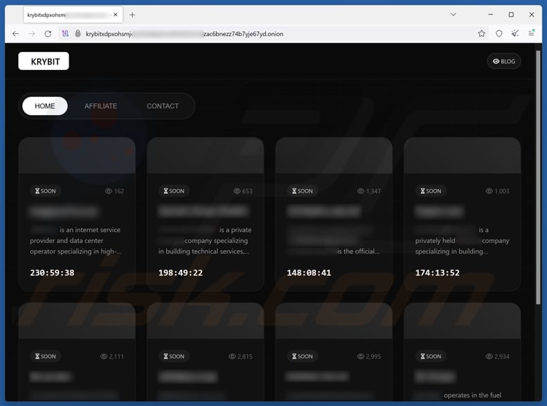 Página de filtración de datos del ransomware KRYBIT