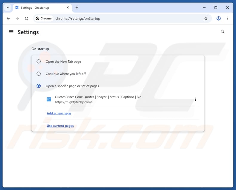 Eliminando mightytechy.com de la página de inicio de Google Chrome