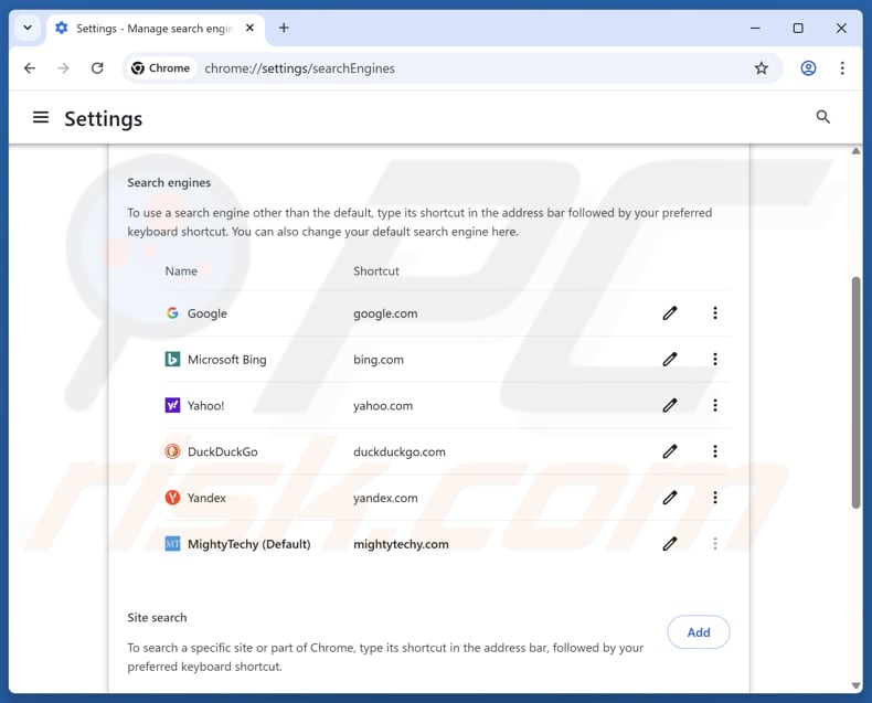 Eliminando mightytechy.com del motor de búsqueda predeterminado de Google Chrome