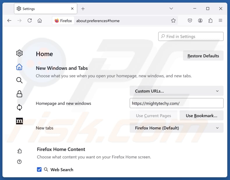 Eliminando mightytechy.com de la página de inicio de Mozilla Firefox