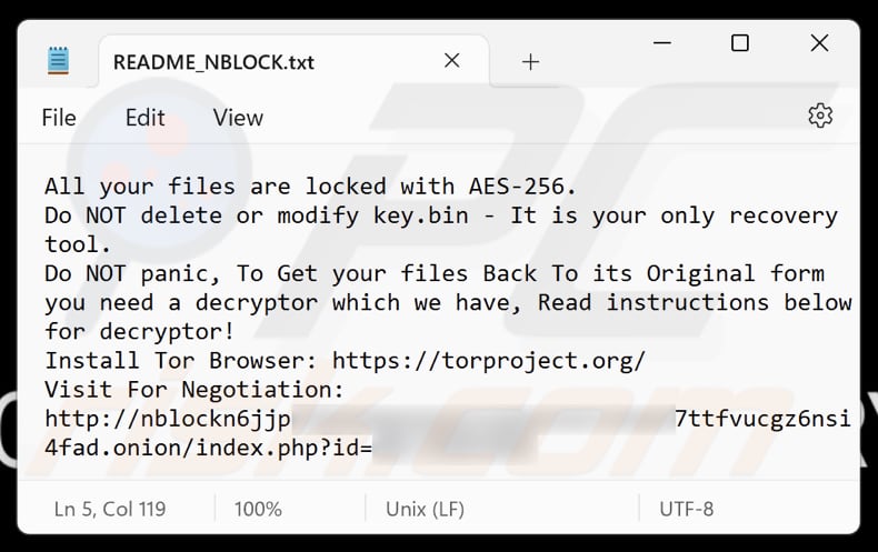Archivo de texto del ransomware NBLock (README_NBLOCK.txt)
