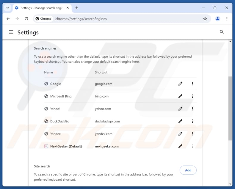 Eliminando nextgeeker.com del motor de búsqueda predeterminado de Google Chrome