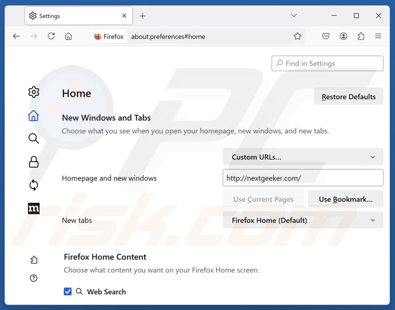 Eliminando nextgeeker.com de la página de inicio de Mozilla Firefox