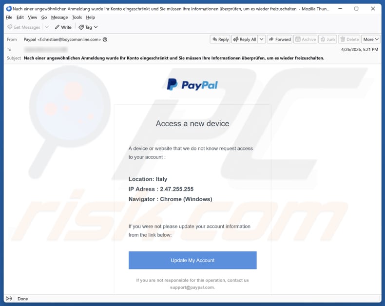 Campaña de spam por correo electrónico PayPal - Access From A New Device