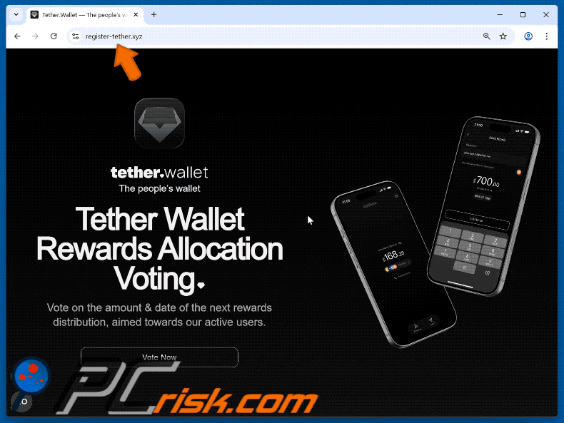 Apariencia de la estafa Tether Wallet Voting Rewards