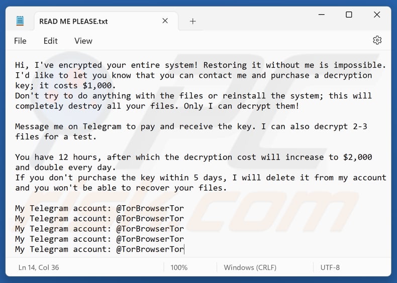 Archivo de texto del ransomware TorBrowserTor (READ ME PLEASE.txt)