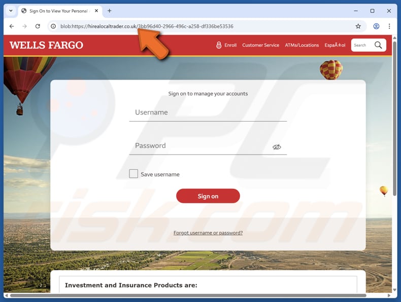 Sitio falso de la estafa por correo electrónico Wells Fargo Credit/Refund
