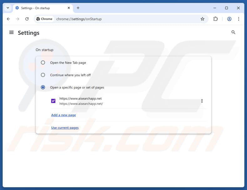 Eliminando aisearchapp.net de la página de inicio de Google Chrome