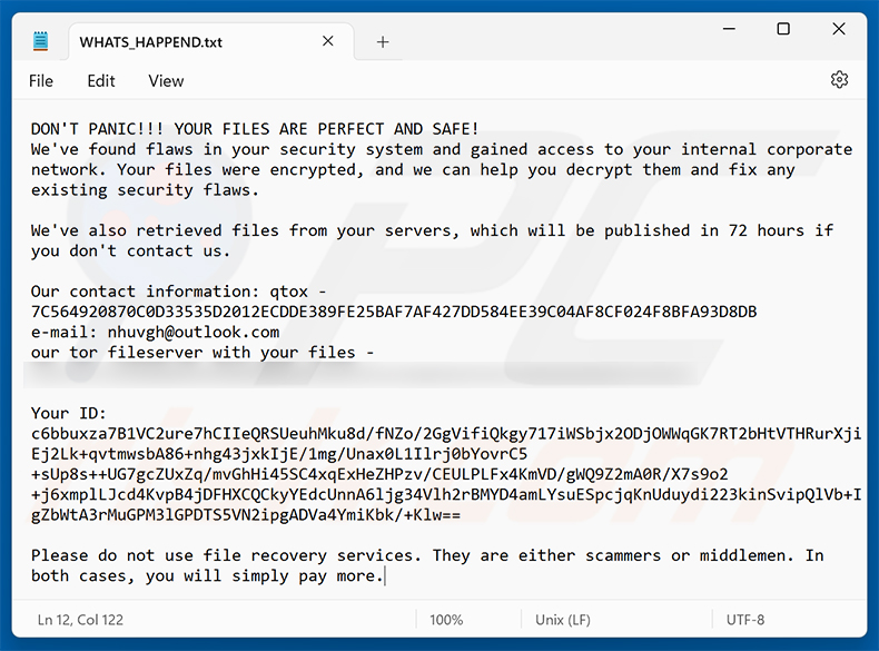 Nota de rescate del ransomware BAVACAI (WHATS_HAPPEND.txt)