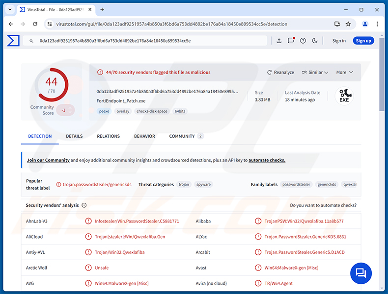 Detecciones del malware EKZ Stealer en VirusTotal